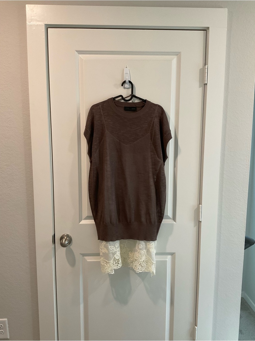 Zara Brown Short-Sleeve Mini Dress with Lace Hem